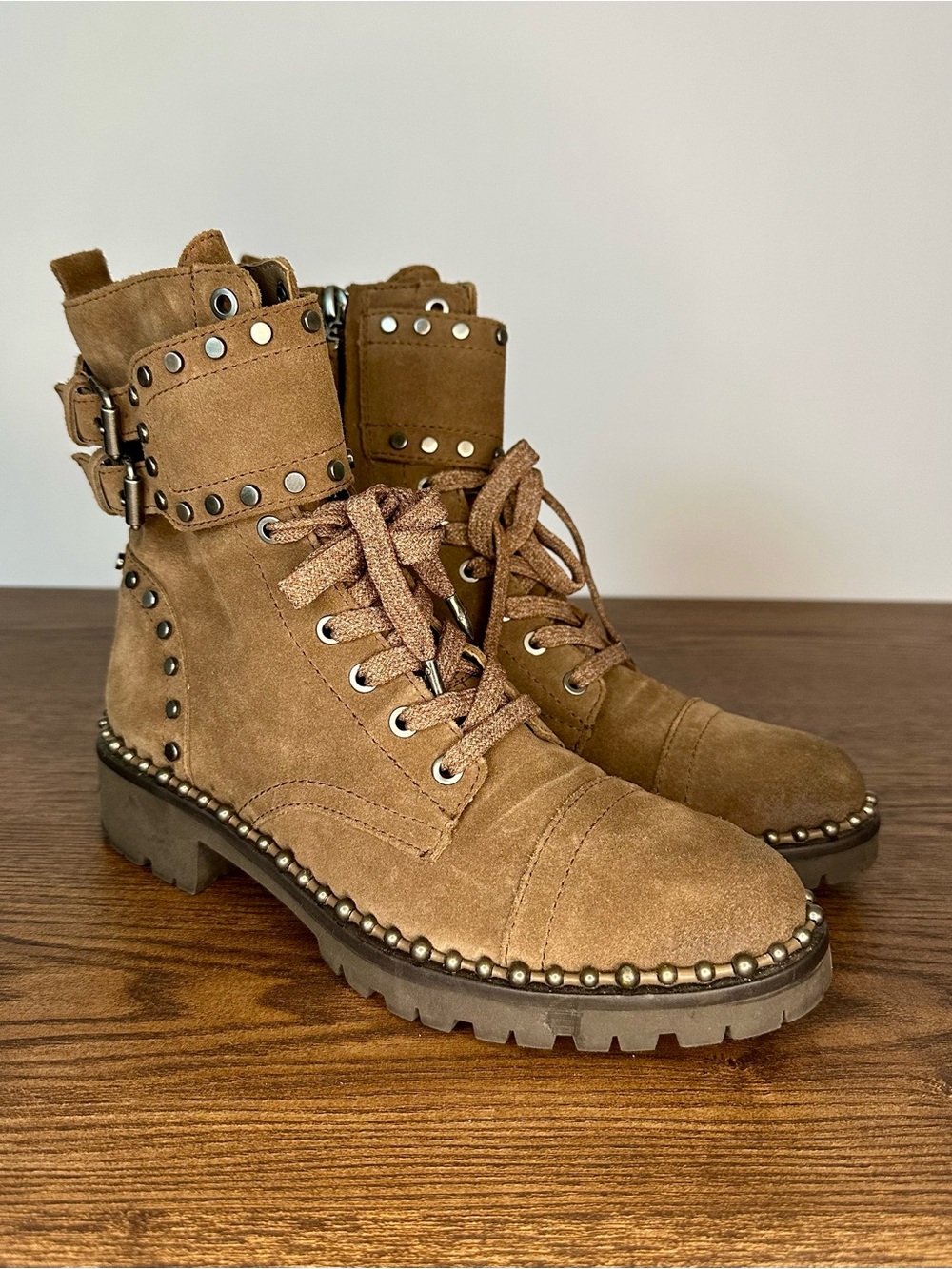 Sam Edelman Jennifer Suede Brown Studded Combat Boots Size 6